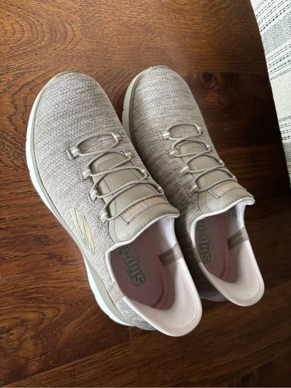 Skechers Slip-On Knit Sneakers in Taupe and Light Pink